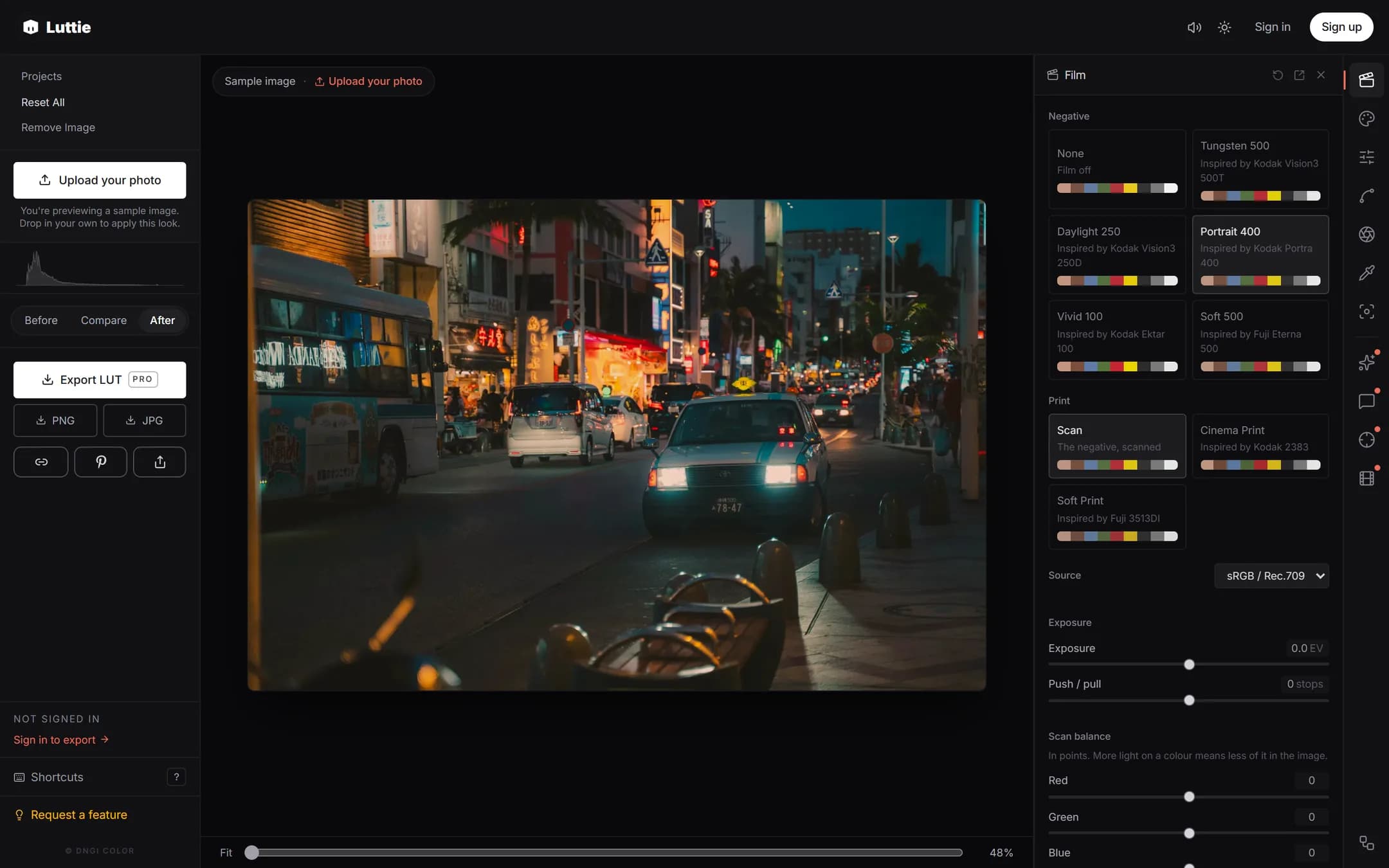The Luttie editor: controls on the left, your image in the middle, grading panels on the right.