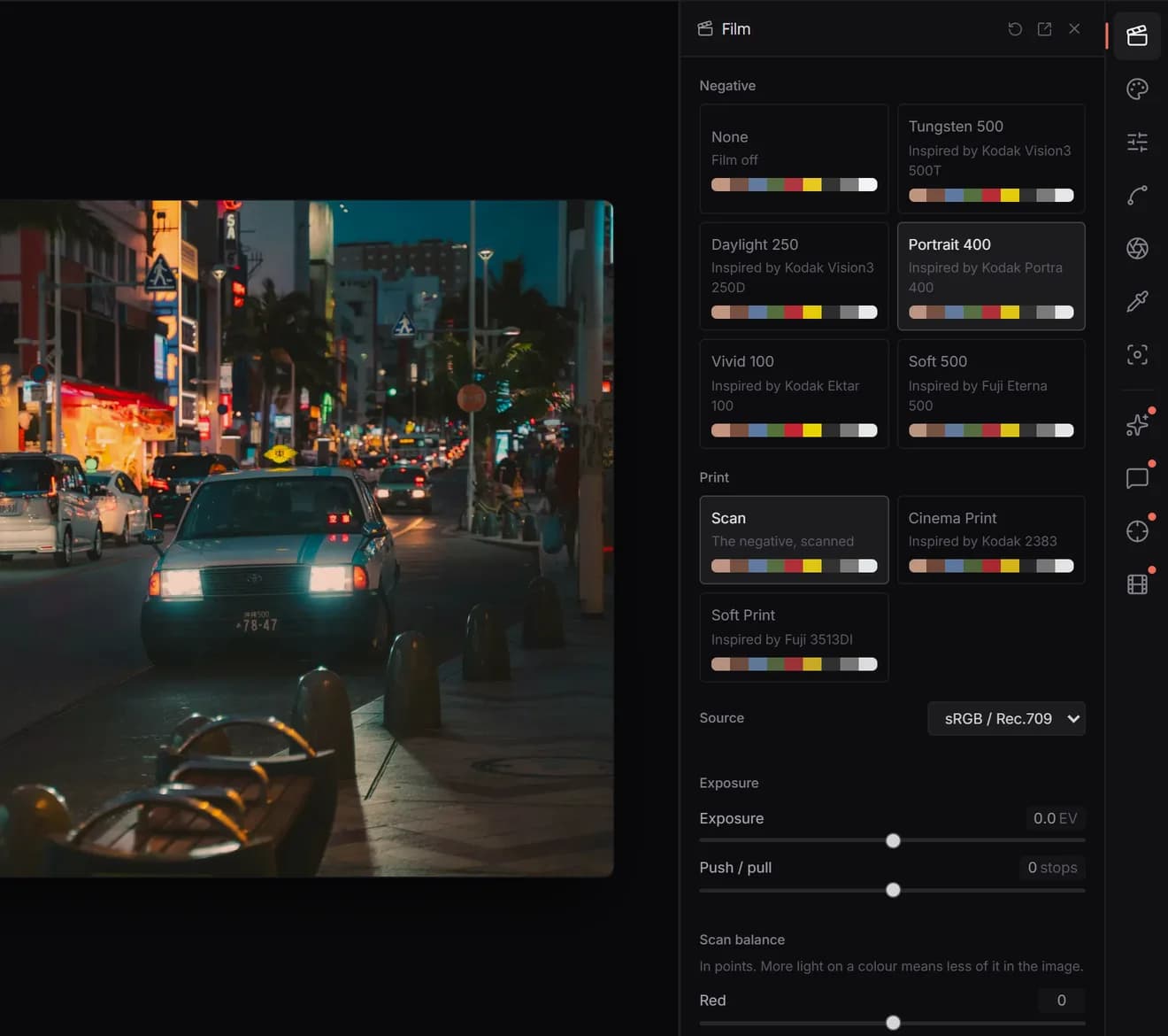 The Film panel: negative, print, source, then exposure and lights.